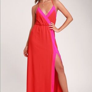 Lulus Bright Side Coral Red Color Block Sleeveless Maxi Dress Size XS